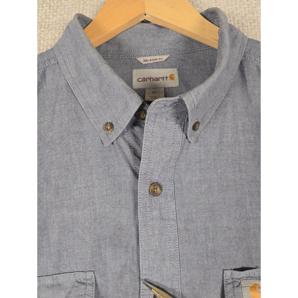 Carhartt Mens S200 499 Relaxed Fit Short Sleeve Chambray Work Shirt Blue XL - Picture 8 of 10